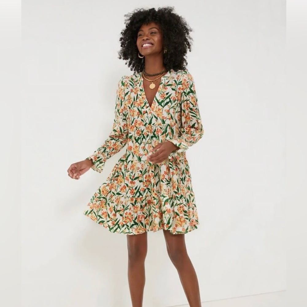 Pomander Place Floral Wrap Midi Dress in Cream, Green & Orange